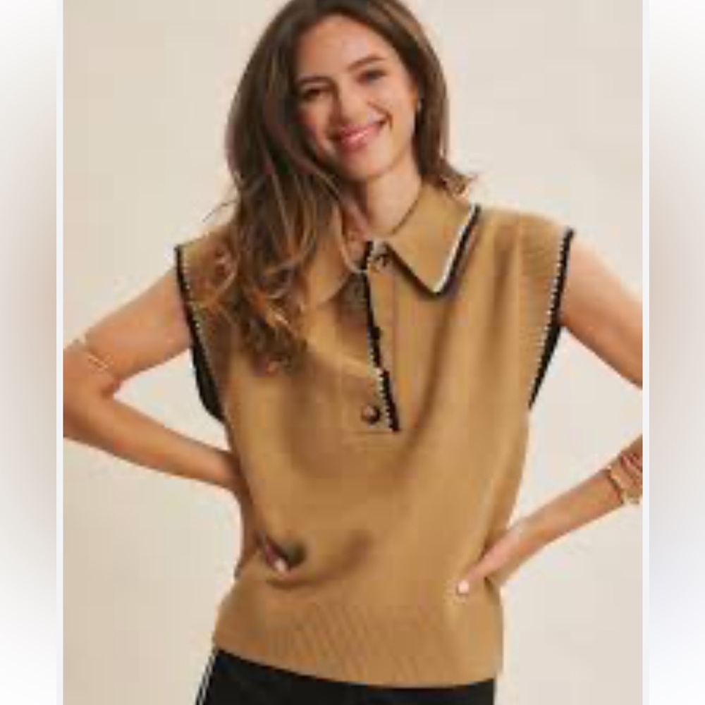 NWT Anthropologie Maeve Camel Sleeveless Polo Sweater Vest XL